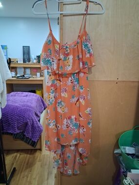 AUW Orange Floral High-Low Spaghetti Strap Dress